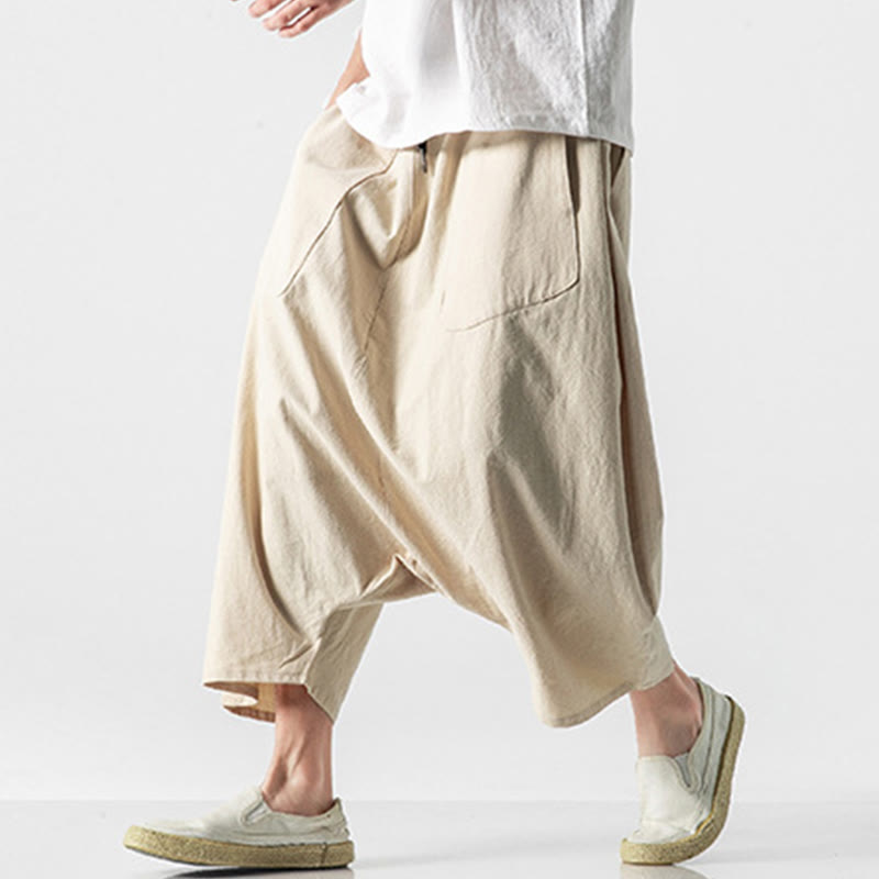 Buddha Stones Casual Low Crotch Design Drawstring Men's 7-8 Length Cotton Linen Wide Leg Pants With Pockets - image 40