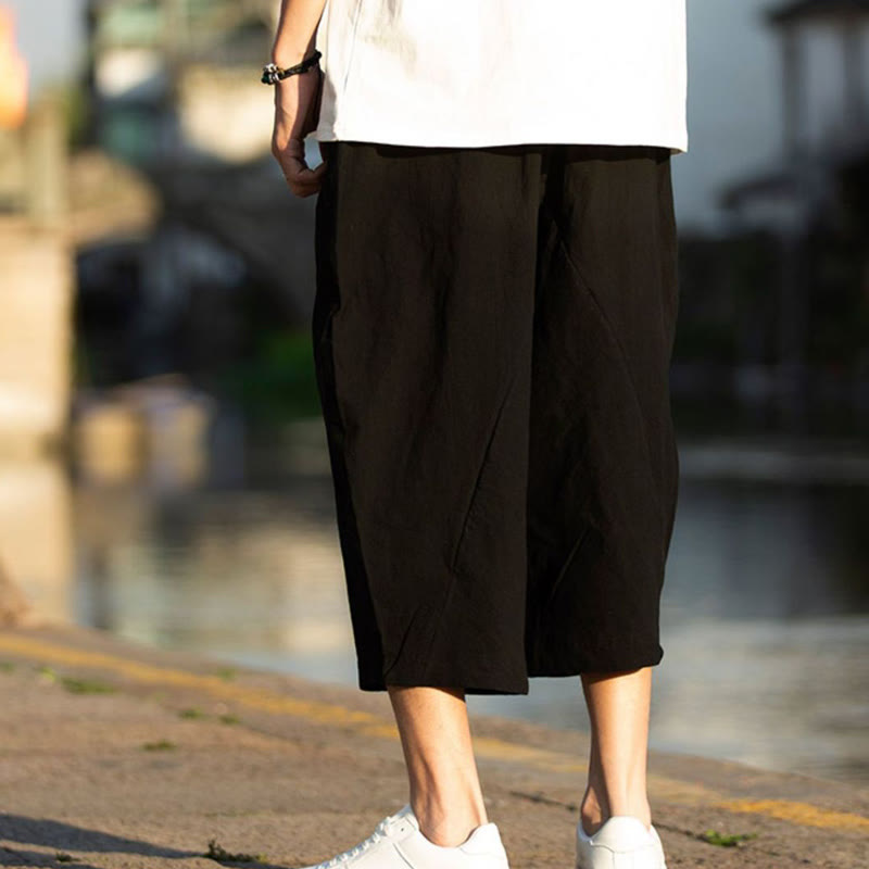 Buddha Stones Summer Plain Pleat Design Drawstring Men's 7-8 Length Cotton Linen Pants With Pockets - image 8