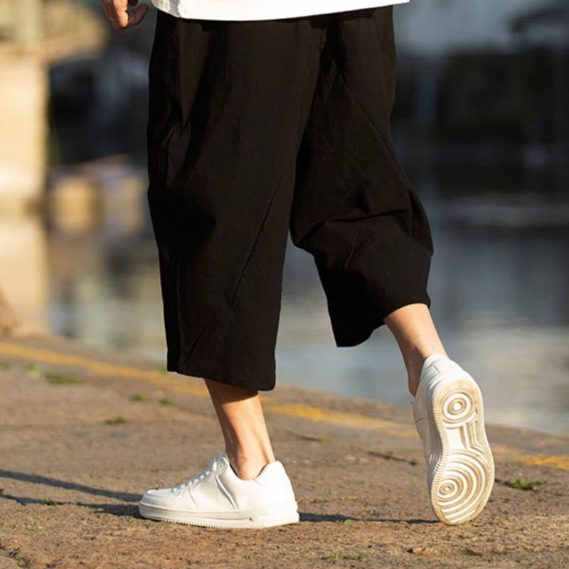 Buddha Stones Summer Plain Pleat Design Drawstring Men's 7-8 Length Cotton Linen Pants With Pockets - image 6