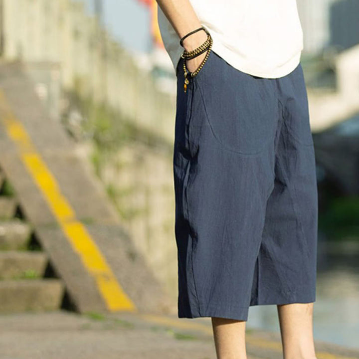 Buddha Stones Summer Plain Pleat Design Drawstring Men's 7-8 Length Cotton Linen Pants With Pockets - image 14