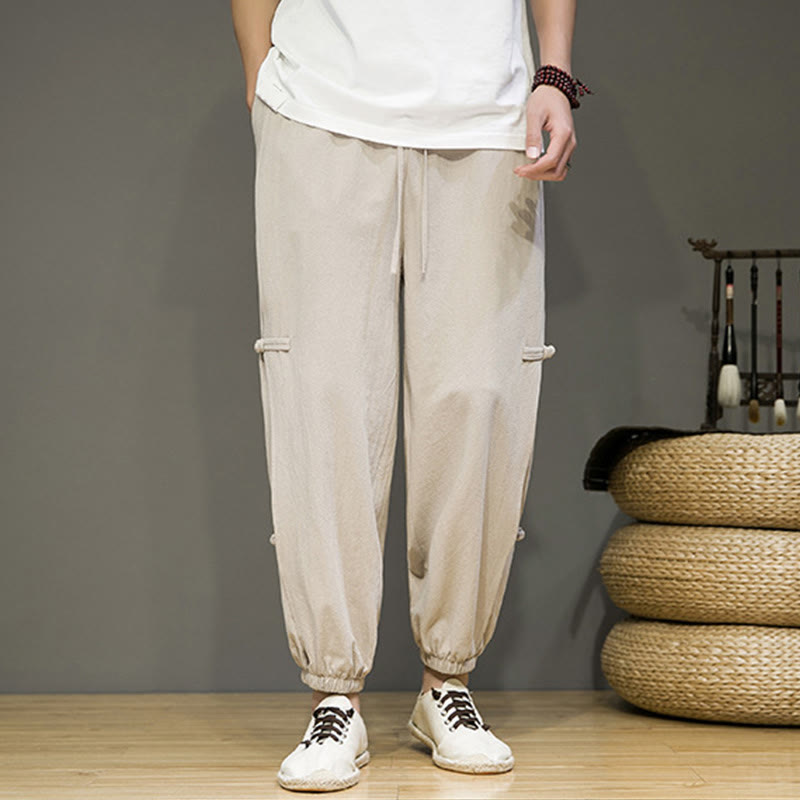 Buddha Stones Summer Vintage Drawstring Chinese Frog-Button Design Men's Cotton Linen Harem Pants With Pockets - image 5