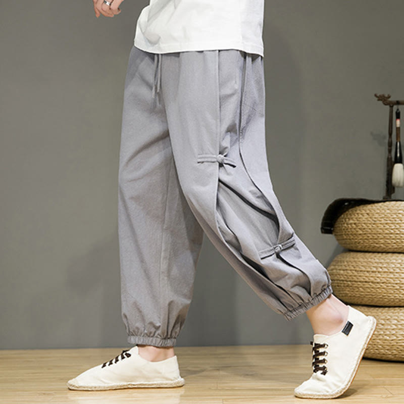 Buddha Stones Summer Vintage Drawstring Chinese Frog-Button Design Men's Cotton Linen Harem Pants With Pockets - image 22