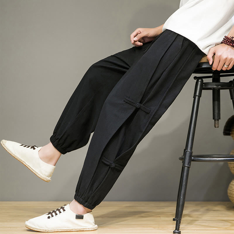 Buddha Stones Summer Vintage Drawstring Chinese Frog-Button Design Men's Cotton Linen Harem Pants With Pockets - Black - US/UK/AU46，EU56 (5XL) - image 8