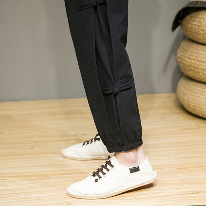 Buddha Stones Summer Vintage Drawstring Chinese Frog-Button Design Men's Cotton Linen Harem Pants With Pockets - image 18