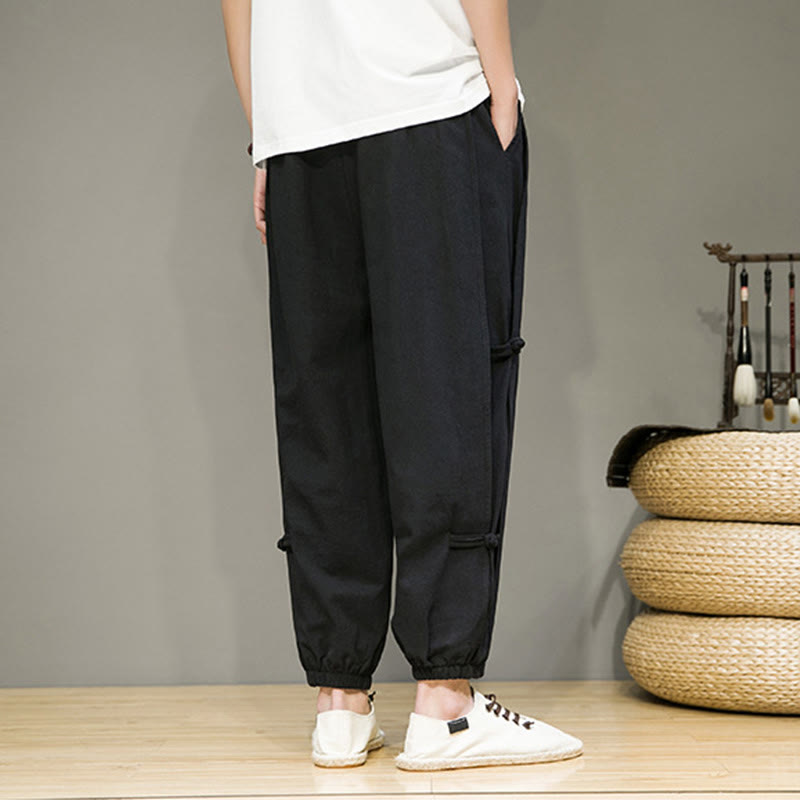 Buddha Stones Summer Vintage Drawstring Chinese Frog-Button Design Men's Cotton Linen Harem Pants With Pockets - image 14