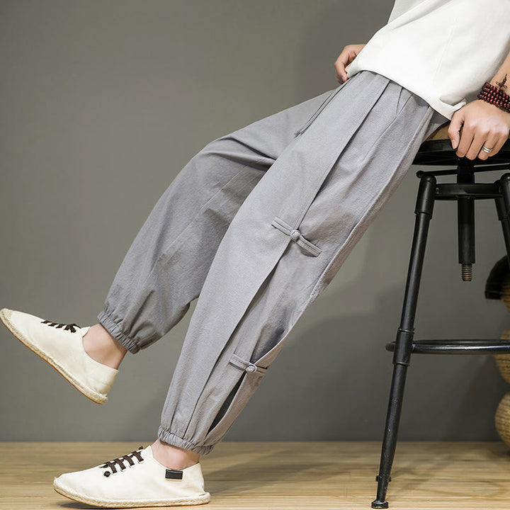 Buddha Stones Summer Vintage Drawstring Chinese Frog-Button Design Men's Cotton Linen Harem Pants With Pockets - Silver - US/UK/AU46，EU56 (5XL) - image 19