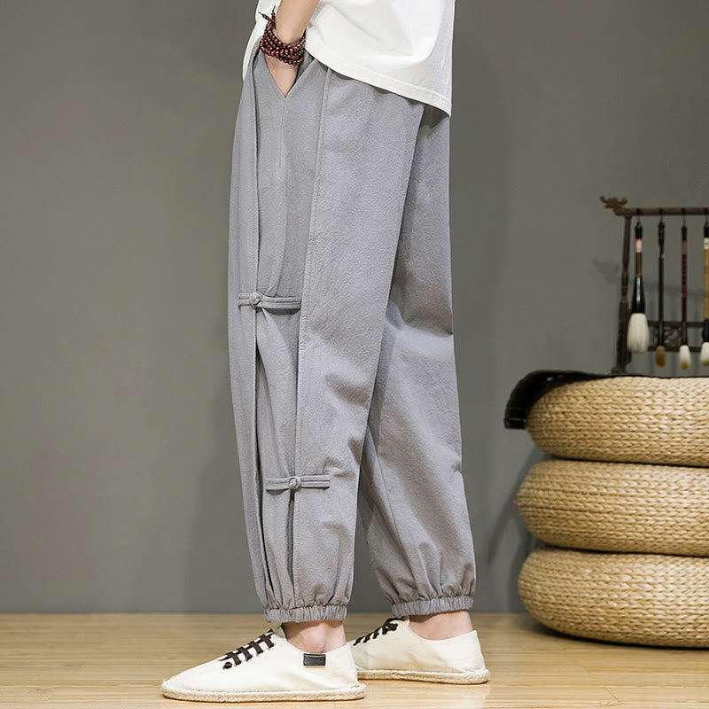 Buddha Stones Summer Vintage Drawstring Chinese Frog-Button Design Men's Cotton Linen Harem Pants With Pockets - image 25