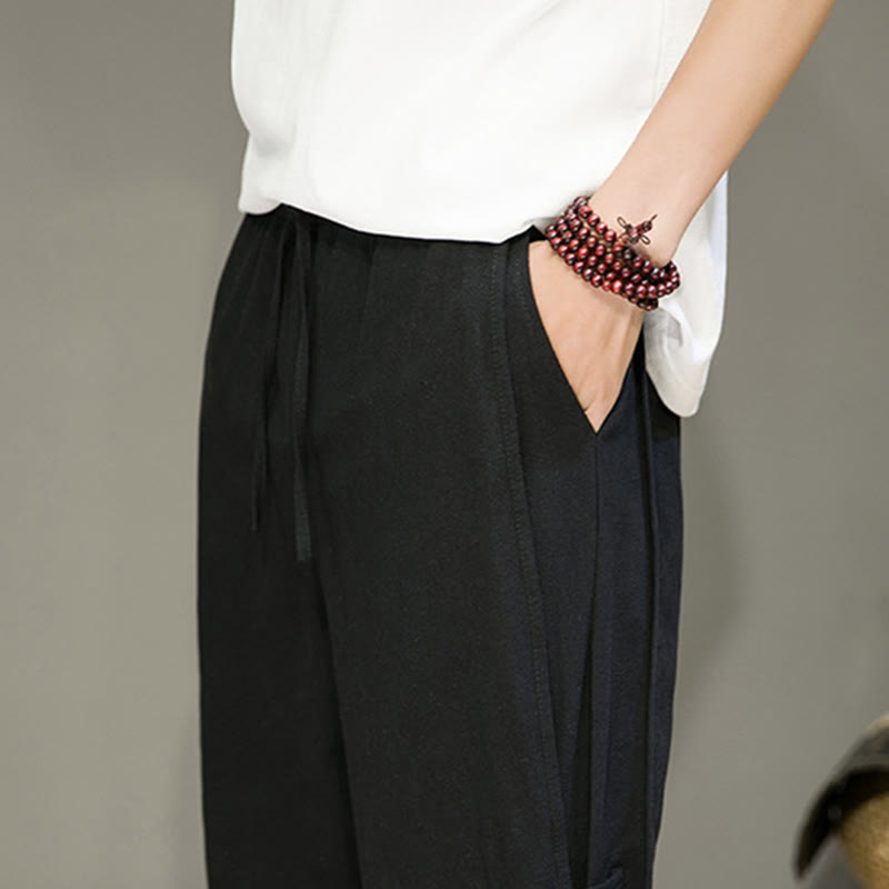 Buddha Stones Summer Vintage Drawstring Chinese Frog-Button Design Men's Cotton Linen Harem Pants With Pockets - image 16