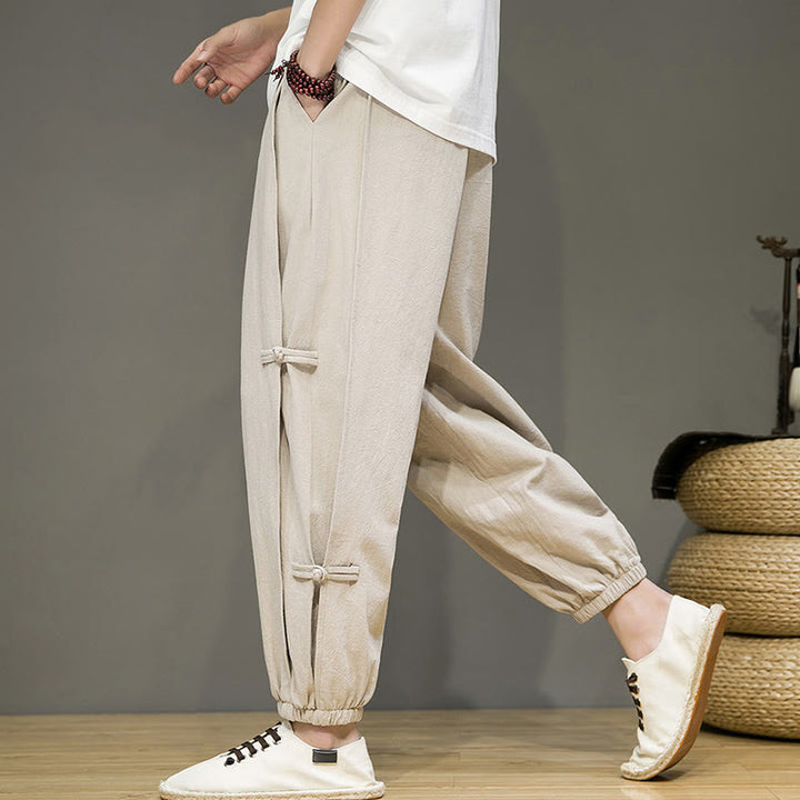 Buddha Stones Summer Vintage Drawstring Chinese Frog-Button Design Men's Cotton Linen Harem Pants With Pockets - image 3