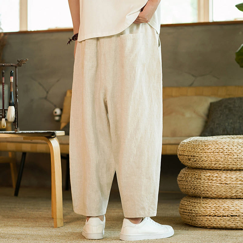 Buddha Stones Casual Retro Solid Color Simple Design Drawstring Men's Elastic Waistband Harem Pants With Pockets - image 3