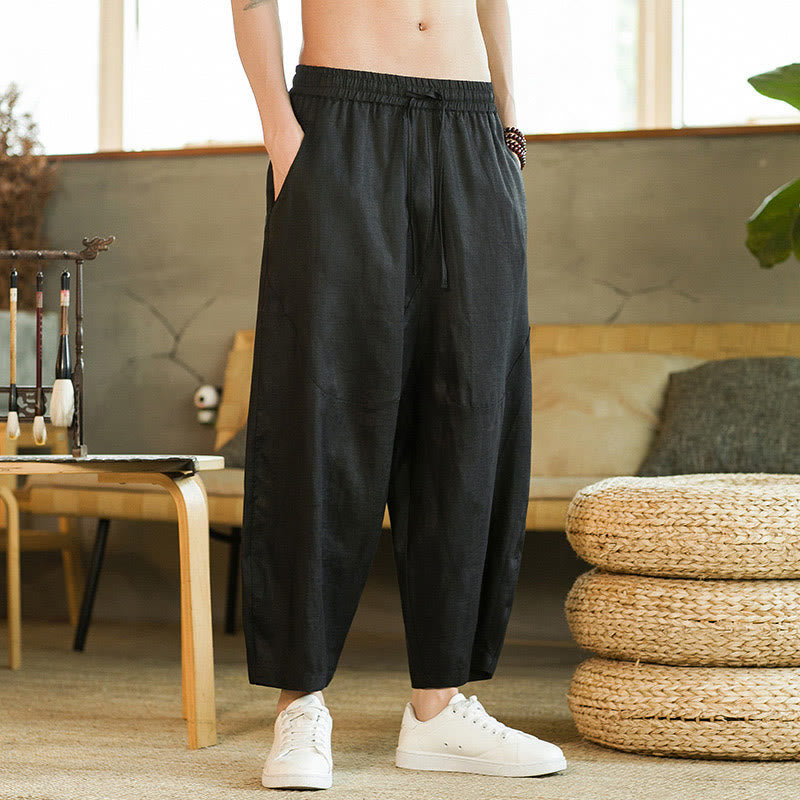 Buddha Stones Casual Retro Solid Color Simple Design Drawstring Men's Elastic Waistband Harem Pants With Pockets - Black - US/UK/AU46，EU56 (5XL) - image 8