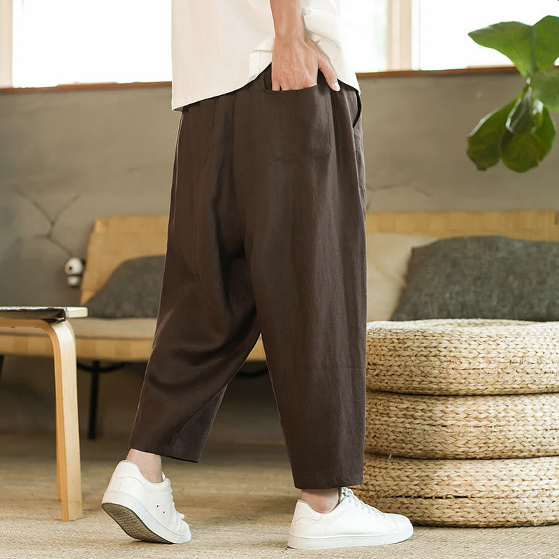 Buddha Stones Casual Retro Solid Color Simple Design Drawstring Men's Linen Elastic Waistband Harem Pants With Pockets - SaddleBrown - US/UK/AU46，EU56 (5XL) - image 21