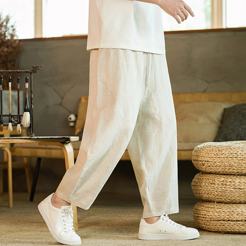 Buddha Stones Casual Retro Solid Color Simple Design Drawstring Men's Elastic Waistband Harem Pants With Pockets - image 4