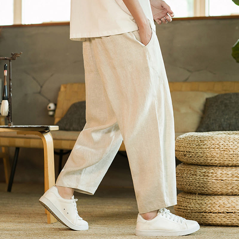 Buddha Stones Casual Retro Solid Color Simple Design Drawstring Men's Elastic Waistband Harem Pants With Pockets - image 5
