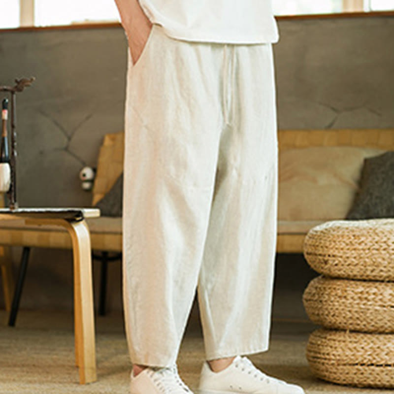 Buddha Stones Casual Retro Solid Color Simple Design Drawstring Men's Elastic Waistband Harem Pants With Pockets - image 2