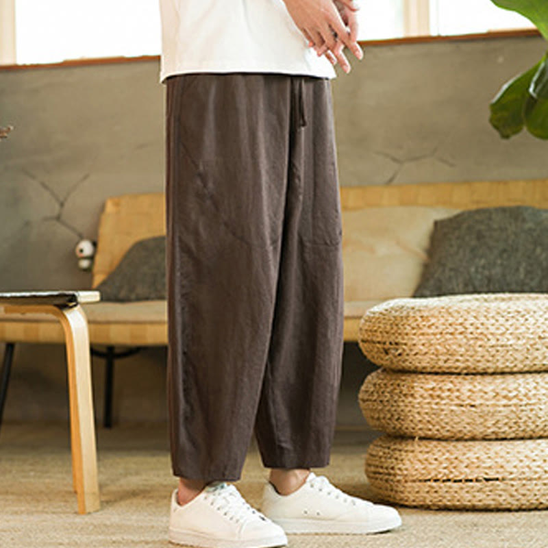 Buddha Stones Casual Retro Solid Color Simple Design Drawstring Men's Elastic Waistband Harem Pants With Pockets - image 27