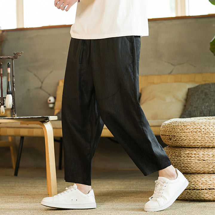 Buddha Stones Casual Retro Solid Color Simple Design Drawstring Men's Linen Elastic Waistband Harem Pants With Pockets - image 9
