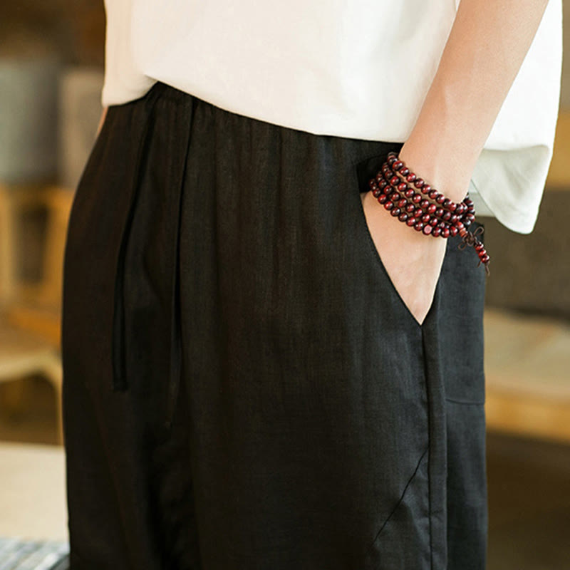 Buddha Stones Casual Retro Solid Color Simple Design Drawstring Men's Linen Elastic Waistband Harem Pants With Pockets - image 17