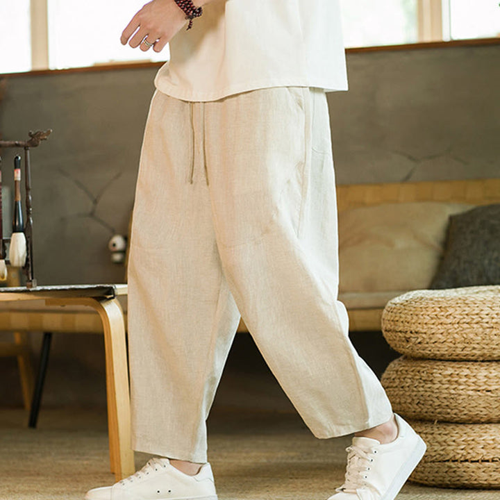 Buddha Stones Casual Retro Solid Color Simple Design Drawstring Men's Linen Elastic Waistband Harem Pants With Pockets - Beige - US/UK/AU46，EU56 (5XL) - image 0