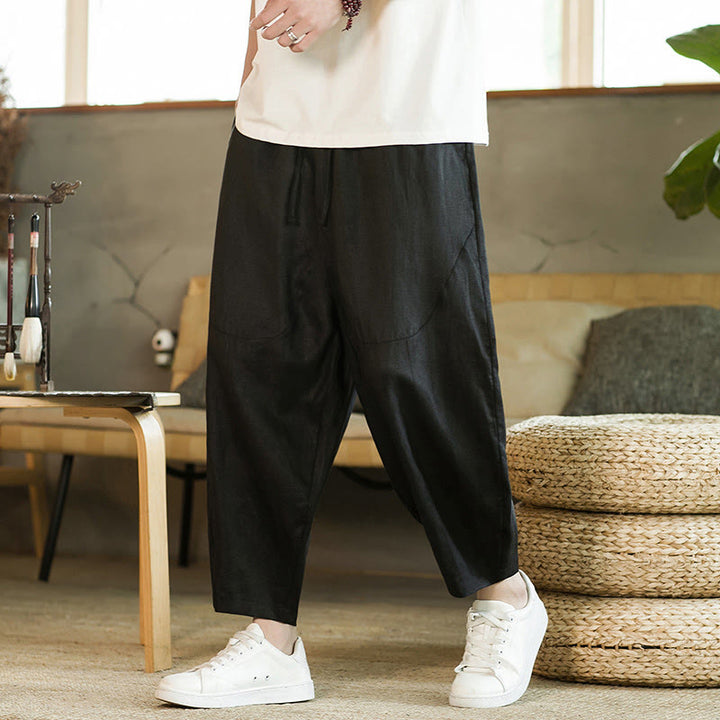 Buddha Stones Casual Retro Solid Color Simple Design Drawstring Men's Linen Elastic Waistband Harem Pants With Pockets - image 10