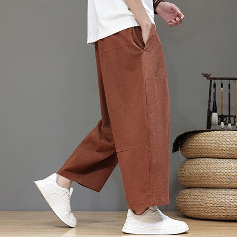 Buddha Stones Casual Plain Low Crotch Design Drawstring Men's Cotton Elastic Waistband Wide Leg Pants With Pockets