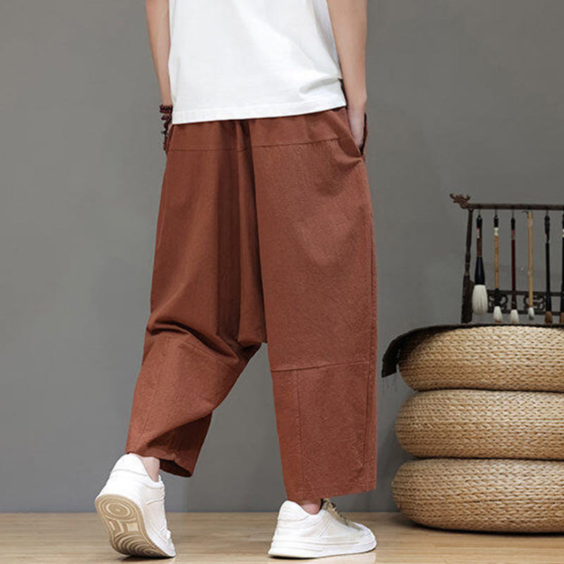 Buddha Stones Casual Plain Low Crotch Design Drawstring Men's Cotton Elastic Waistband Wide Leg Pants With Pockets - image 25