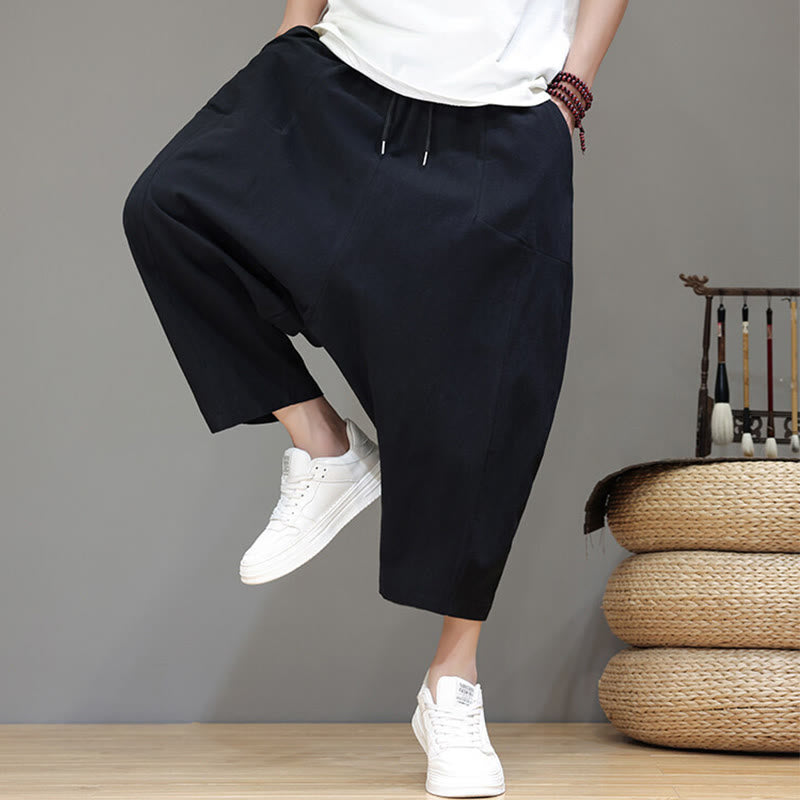 Buddha Stones Casual Plain Low Crotch Design Drawstring Men's Cotton Elastic Waistband Wide Leg Pants With Pockets - image 20