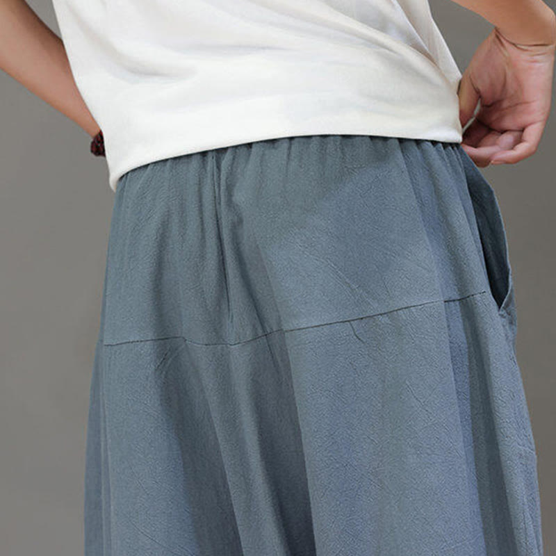 Buddha Stones Casual Plain Low Crotch Design Drawstring Men's Cotton Elastic Waistband Wide Leg Pants With Pockets - image 12