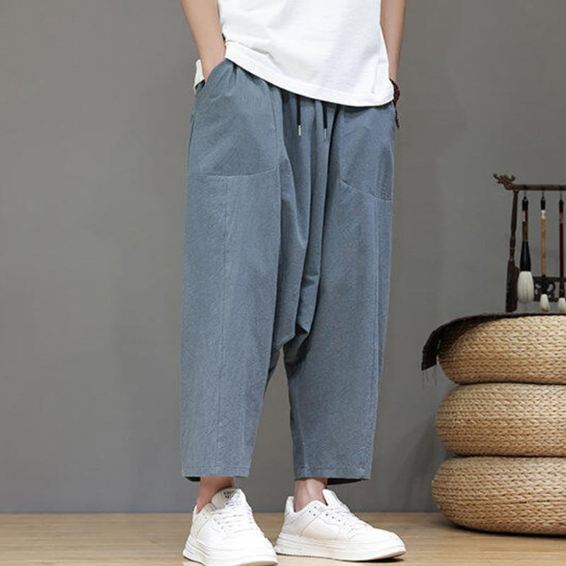 Buddha Stones Casual Plain Low Crotch Design Drawstring Men's Cotton Elastic Waistband Wide Leg Pants With Pockets