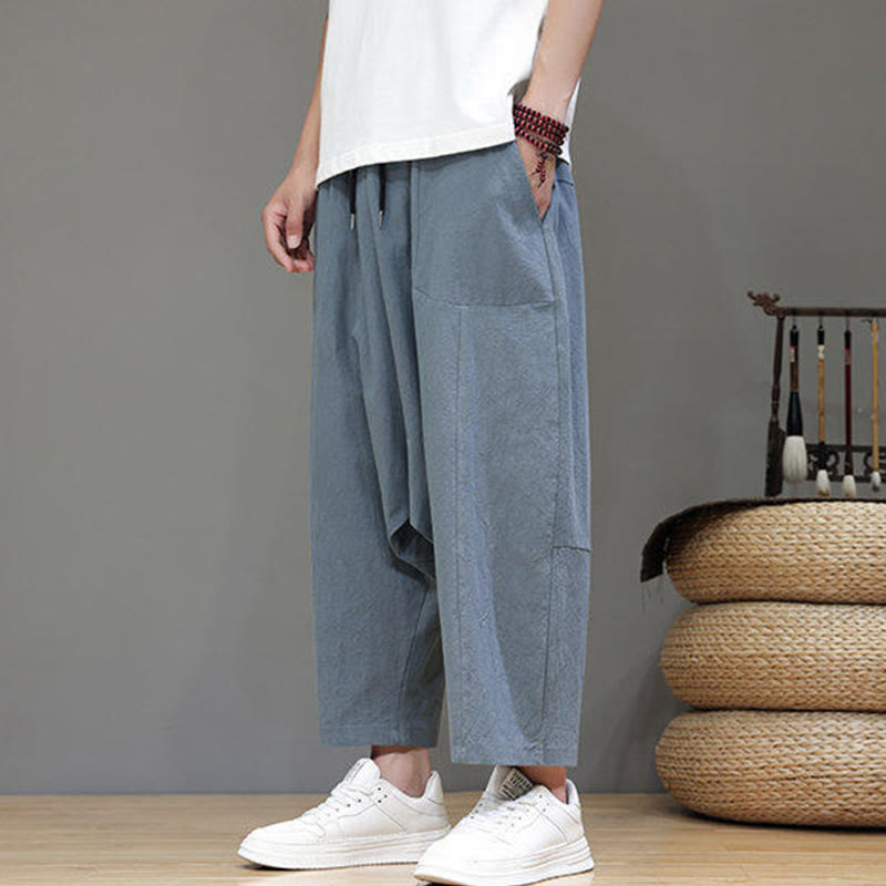 Buddha Stones Casual Plain Low Crotch Design Drawstring Men's Cotton Elastic Waistband Wide Leg Pants With Pockets - image 5
