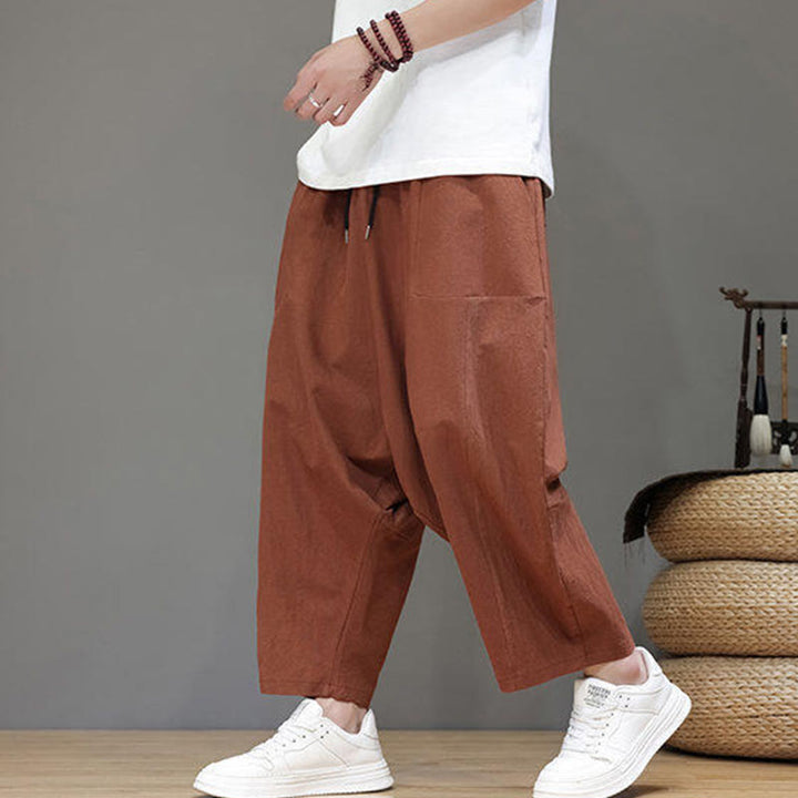 Buddha Stones Casual Plain Low Crotch Design Drawstring Men's Cotton Elastic Waistband Wide Leg Pants With Pockets - image 23