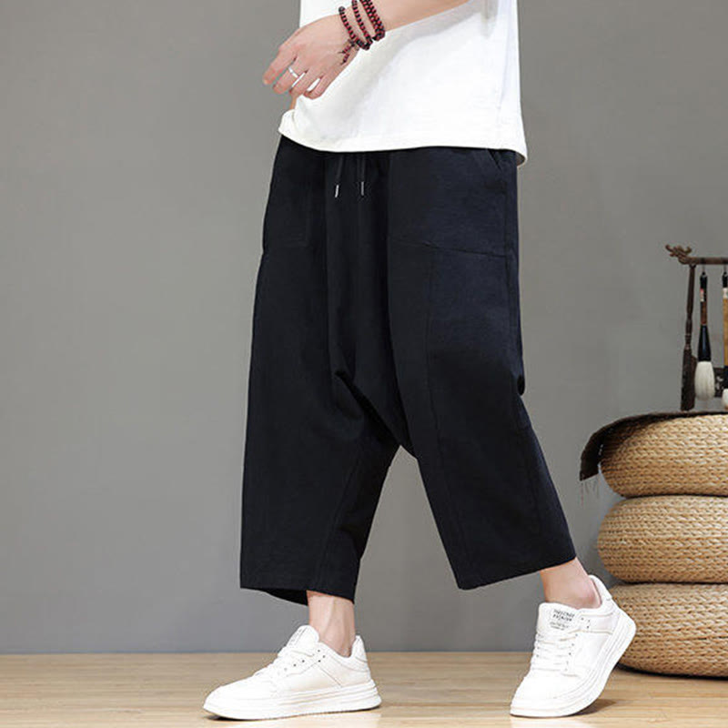 Buddha Stones Casual Plain Low Crotch Design Drawstring Men's Cotton Elastic Waistband Wide Leg Pants With Pockets - image 15