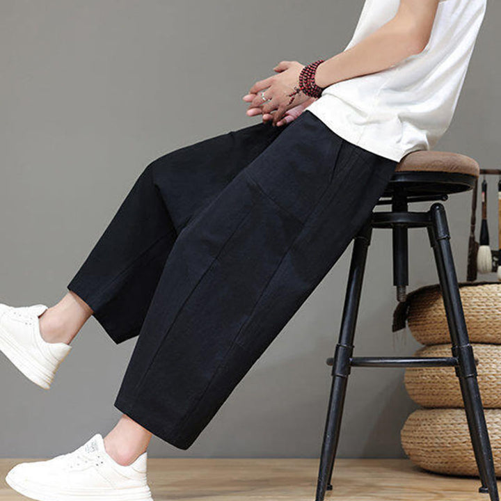 Buddha Stones Casual Plain Low Crotch Design Drawstring Men's Cotton Elastic Waistband Wide Leg Pants With Pockets