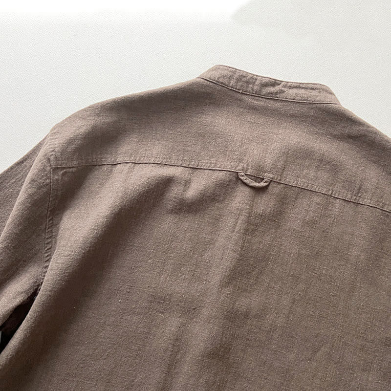 Buddha Stones Casual Solid Color Ramie Linen Cotton Men's Shirt With Pockets