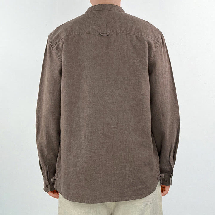 Buddha Stones Casual Solid Color Ramie Linen Cotton Men's Shirt With Pockets
