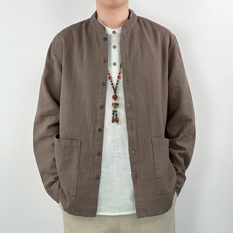 Buddha Stones Casual Solid Color Ramie Linen Cotton Men's Shirt With Pockets