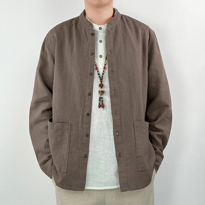 Buddha Stones Casual Solid Color Ramie Linen Cotton Men's Shirt With Pockets