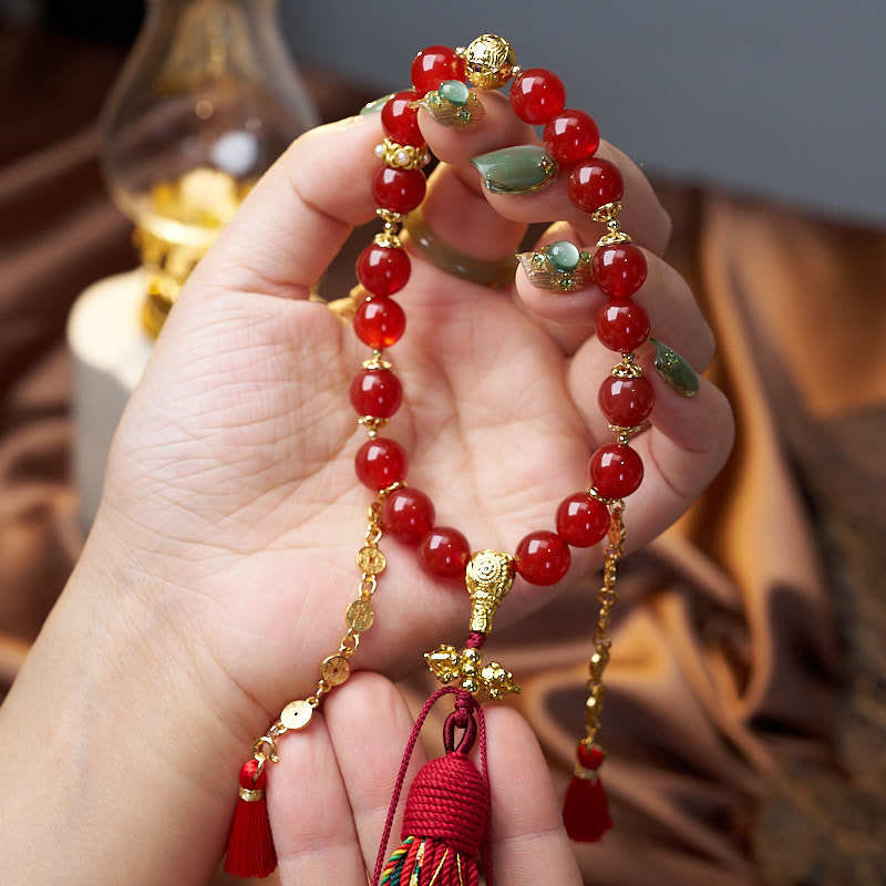 Buddha Stones 18 Beads Copper Coins Tibet Tassel Red Agate Calm Wrist Mala - image 4