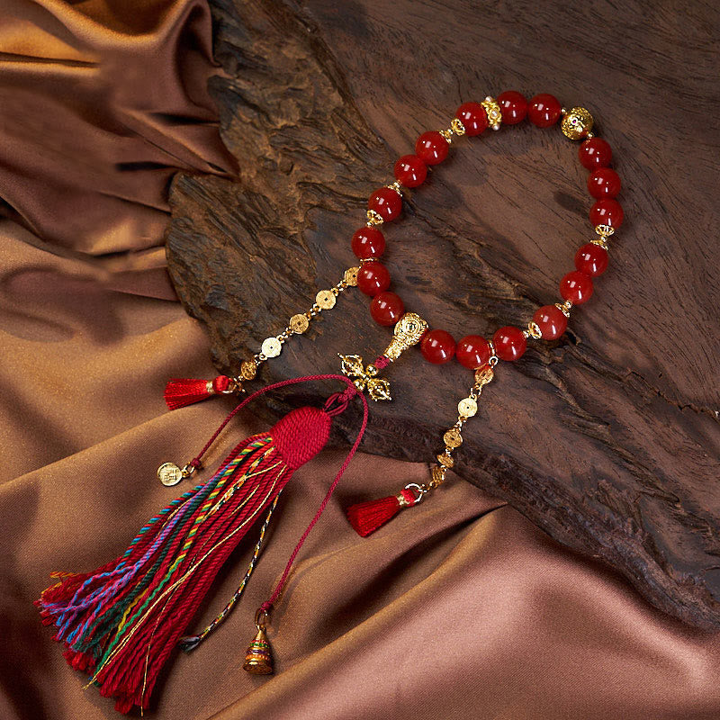 Buddha Stones 18 Beads Copper Coins Tibet Tassel Red Agate Calm Wrist Mala - About 18 Red Agate Beads - image 0