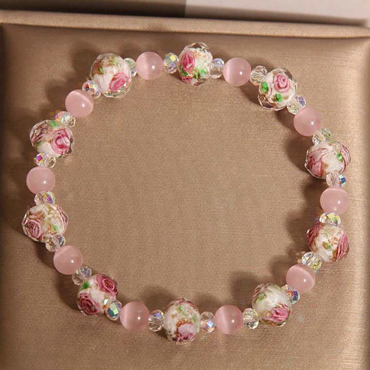 Buddha Stones Pink Crystal Liuli Glass Bead Cat's Eye Warmth Bracelet