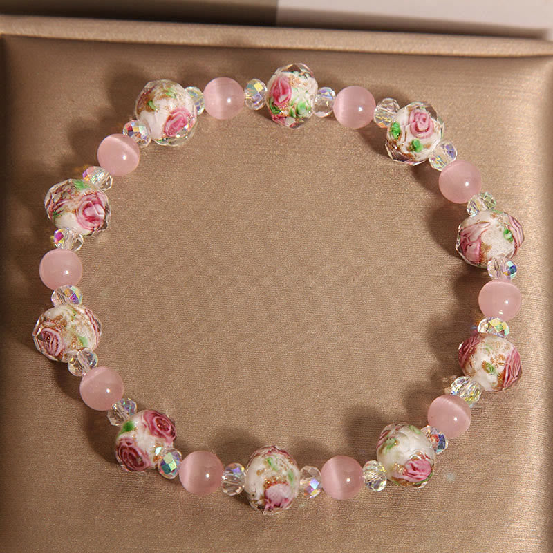 Buddha Stones Pink Crystal Liuli Glass Bead Cat's Eye Warmth Bracelet - image 2