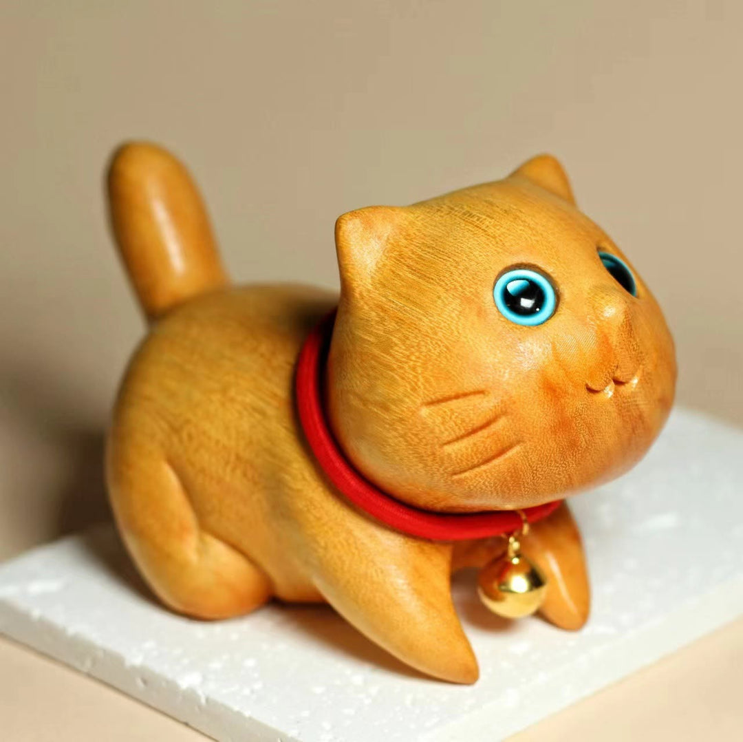 Buddha Stones Mini Sandalwood Carved Lucky Confident Cat Healing Decoration - 3.94*2.76*2.17 in (10*7*5.5 cm) - image 0