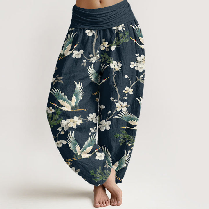 Buddha Stones Casual Flying Crane Flower Pattern Women's Elastic Waist Harem Pants - Navy - US22，UK/AU26，EU54 (6XL) - image 5