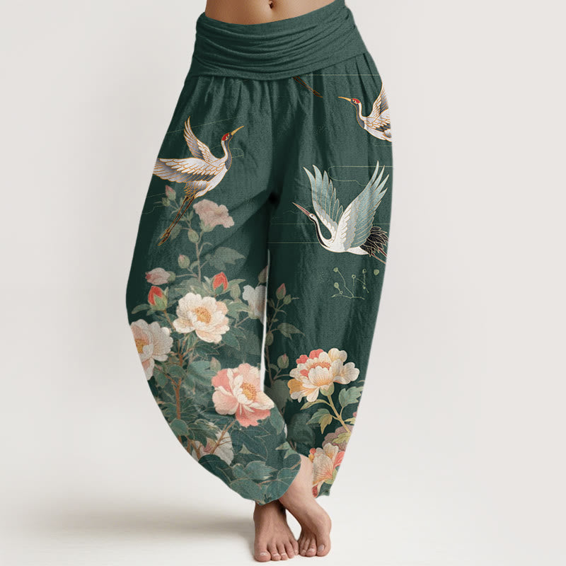 Buddha Stones Casual Crane Peony Pattern Women's Elastic Waist Harem Pants - DarkGreen - US22，UK/AU26，EU54 (6XL) - image 5