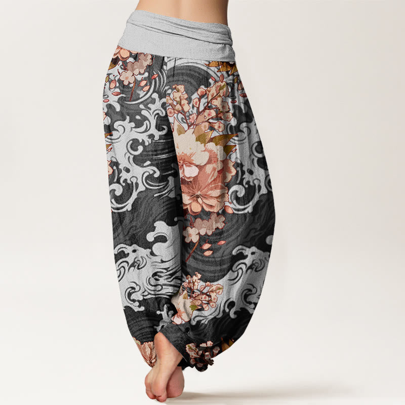 Buddha Stones Cotton Casual Wave And Floral Pattern Women's Elastic Waist Harem Pants - image 2