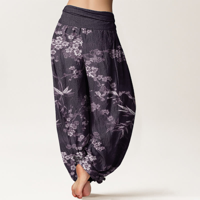 Buddha Stones Pure Cotton White Sakura Flower Pattern Women's Elastic Waist Harem Pants - image 8