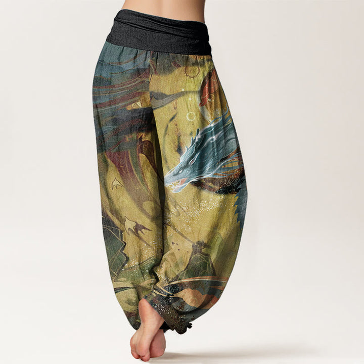Buddha Stones Pure Cotton Dragon Auspicious Clouds Pattern Women's Elastic Waist Harem Pants