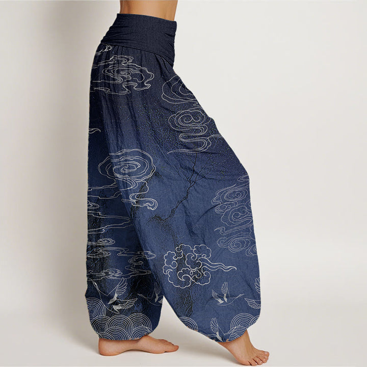 Buddha Stones Pure Cotton White Auspicious Clouds Birds Tree Pattern Women's Elastic Waist Harem Pants - image 1