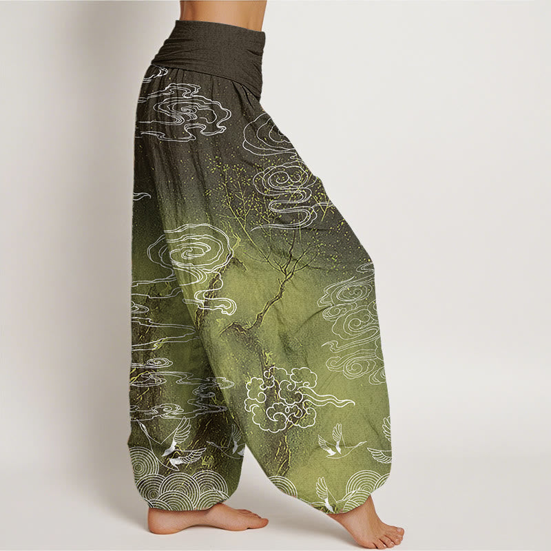 Buddha Stones Pure Cotton White Auspicious Clouds Birds Tree Pattern Women's Elastic Waist Harem Pants - image 10