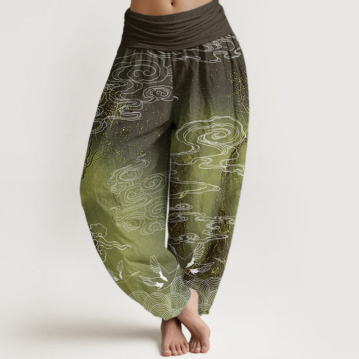 Buddha Stones Pure Cotton White Auspicious Clouds Birds Tree Pattern Women's Elastic Waist Harem Pants - YellowGreen - US22，UK/AU26，EU54 (6XL) - image 9